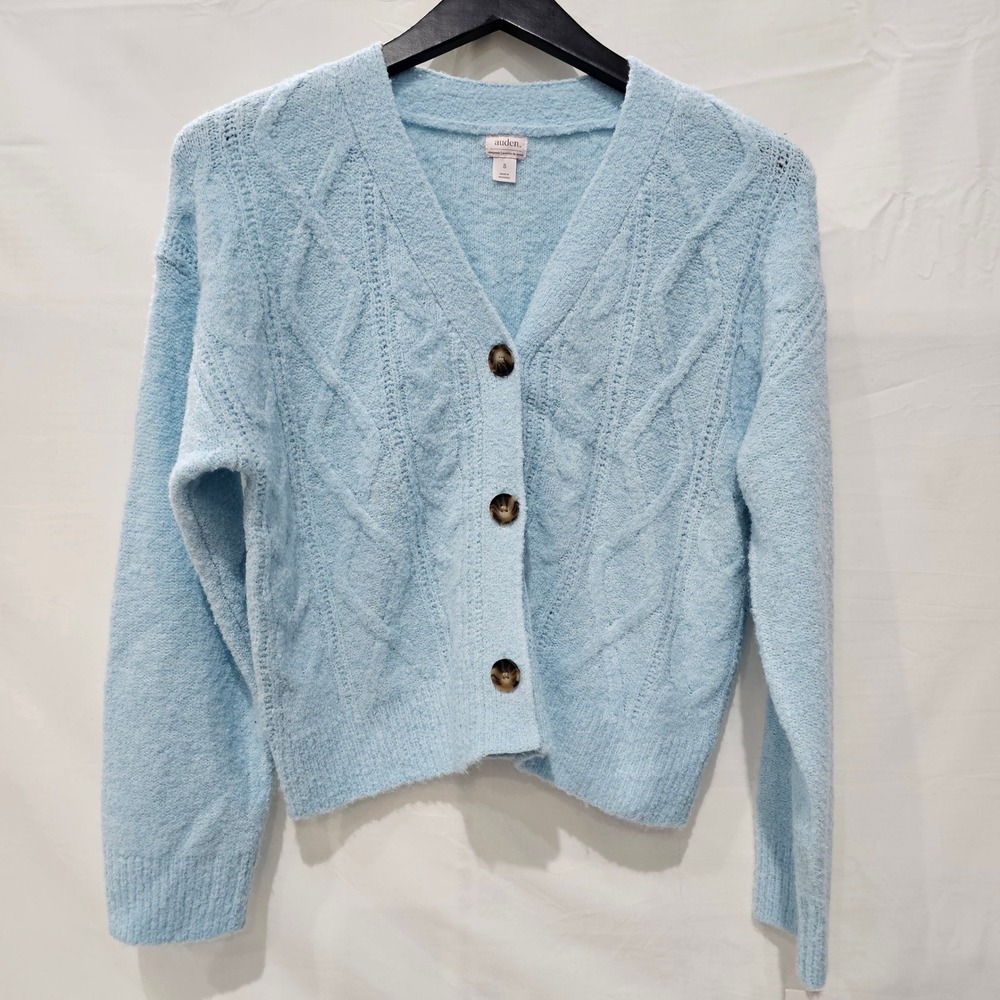 New Auden Blue Womens Small Cable Knit Cardigan Sweater V-Neck Button Front NWT